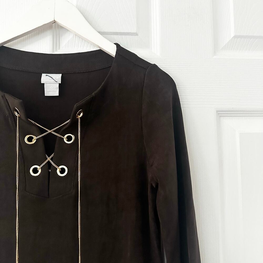 Travelers Chico's Chocolate Brown 3/4 Sleeve Slinky Tunic Top Laced Gold Chain 0 - Picture 5 of 7